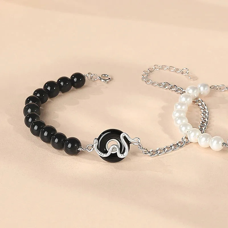 925 sterling silver couple bracelet with obsidian pearl and safe buckle in New Chinese style