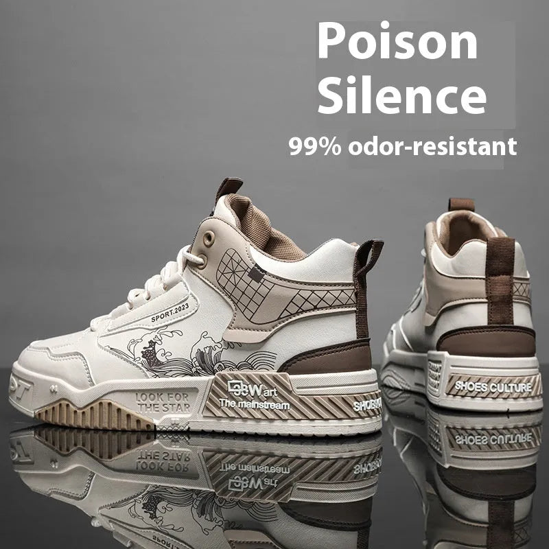 Men's high-top board shoes in beige white and blue with mesh lining and rubber sole