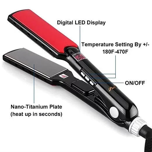 Black hair straightener with tourmaline ceramics heat conductor under 15mm for dry hair styling in 3-5 minutes
