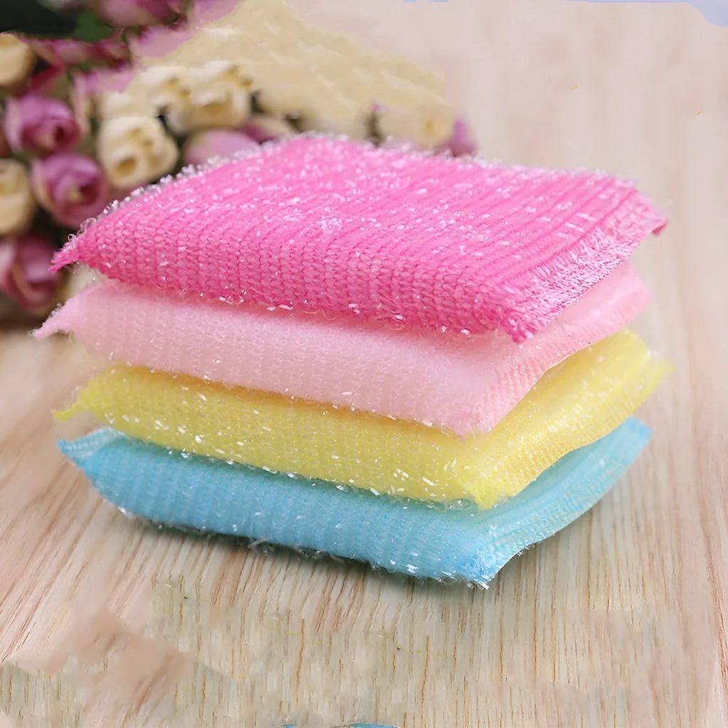 Pinstripe fabric dishwashing sponge mop in macaron colours showing 12x8.5cm dimensions