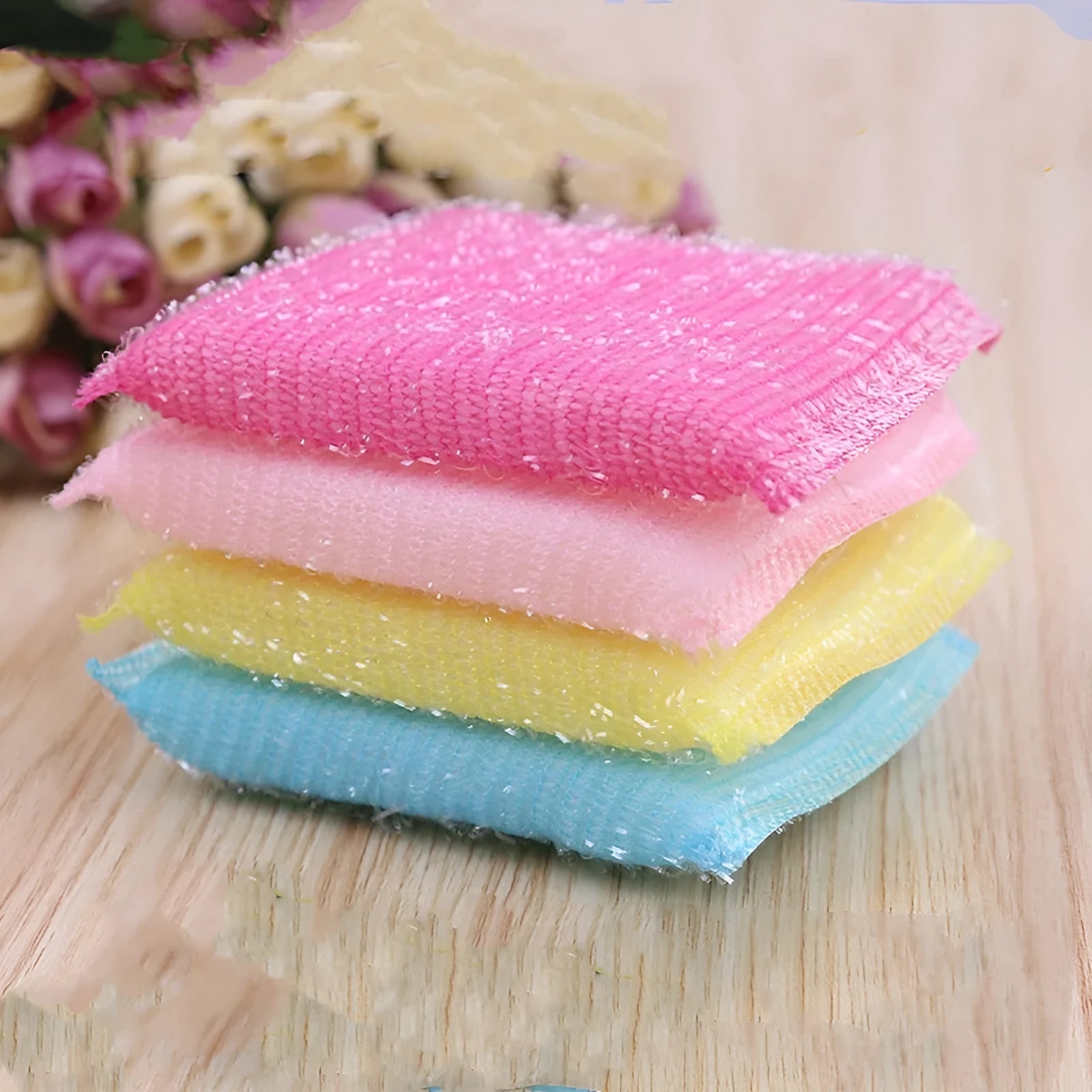 Pinstripe fabric dishwashing sponge mop in macaron colours showing 12x8.5cm dimensions