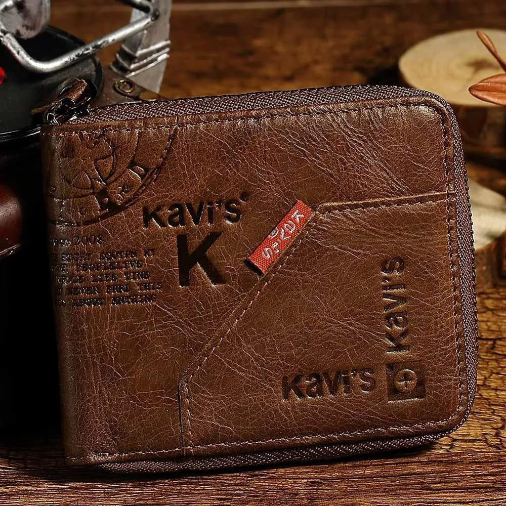 Men's coffee coloured genuine leather wallet with vintage locomotives pattern and multiple compartments