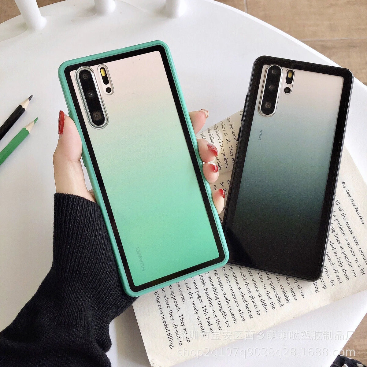 Huawei phone case in TPU and PC materials showing black, green, orange, and pink colour options