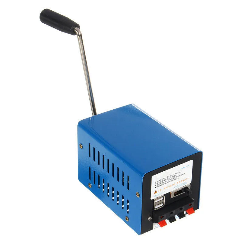 Blue metal USB hand crank emergency generator showing handle and output ports