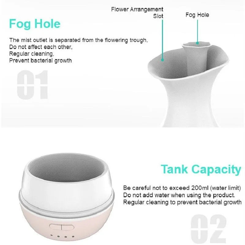 White or pink ceramic ultrasonic air humidifier and essential oil diffuser with colourful night light, 200ml capacity.