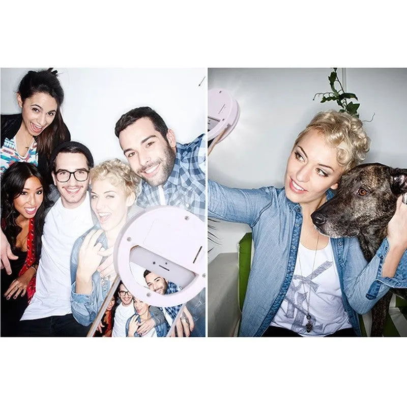 Clip-on LED selfie ring light attached to a mobile phone for low-light photography.