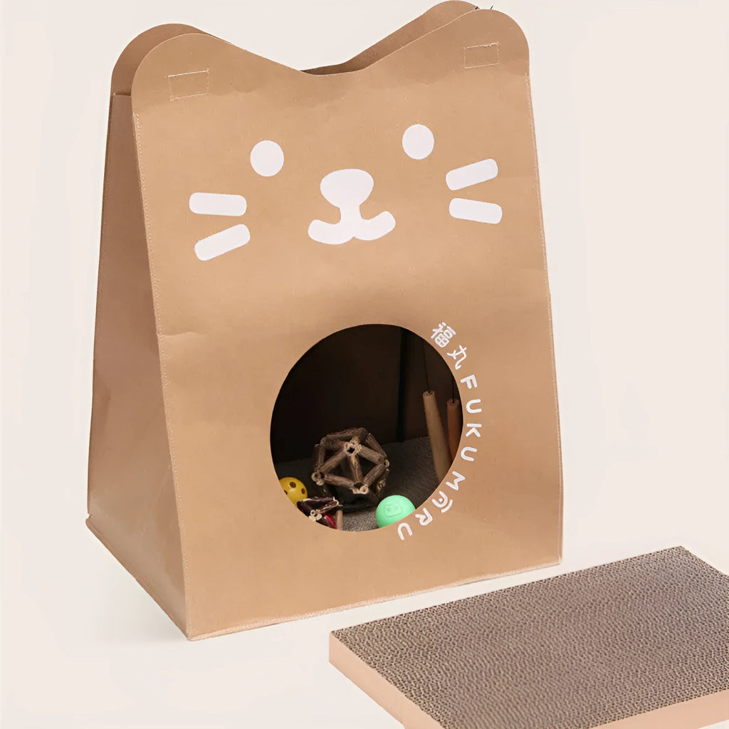 Brown paper cat nest with integrated scratch board measuring 40x30x53cm