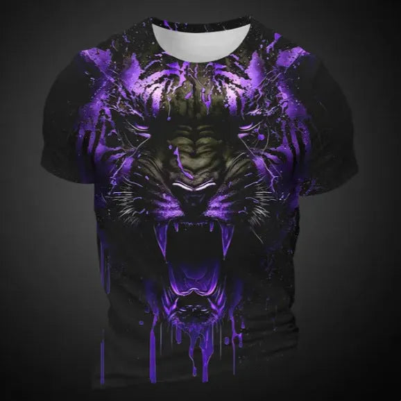 Men's grey T-shirt with a vibrant blue and orange 3D tiger pattern printed on the front.