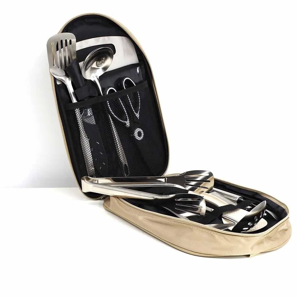 Brown portable picnic kitchenware storage bag containing 12-piece stainless steel cutlery set