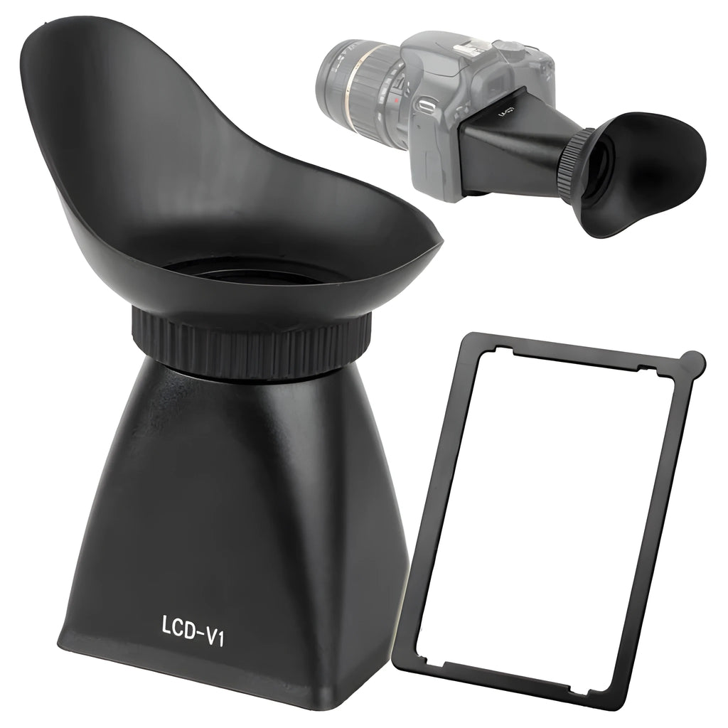 Black camera framing amplifier viewfinder attached to DSLR camera showing LCD screen magnification