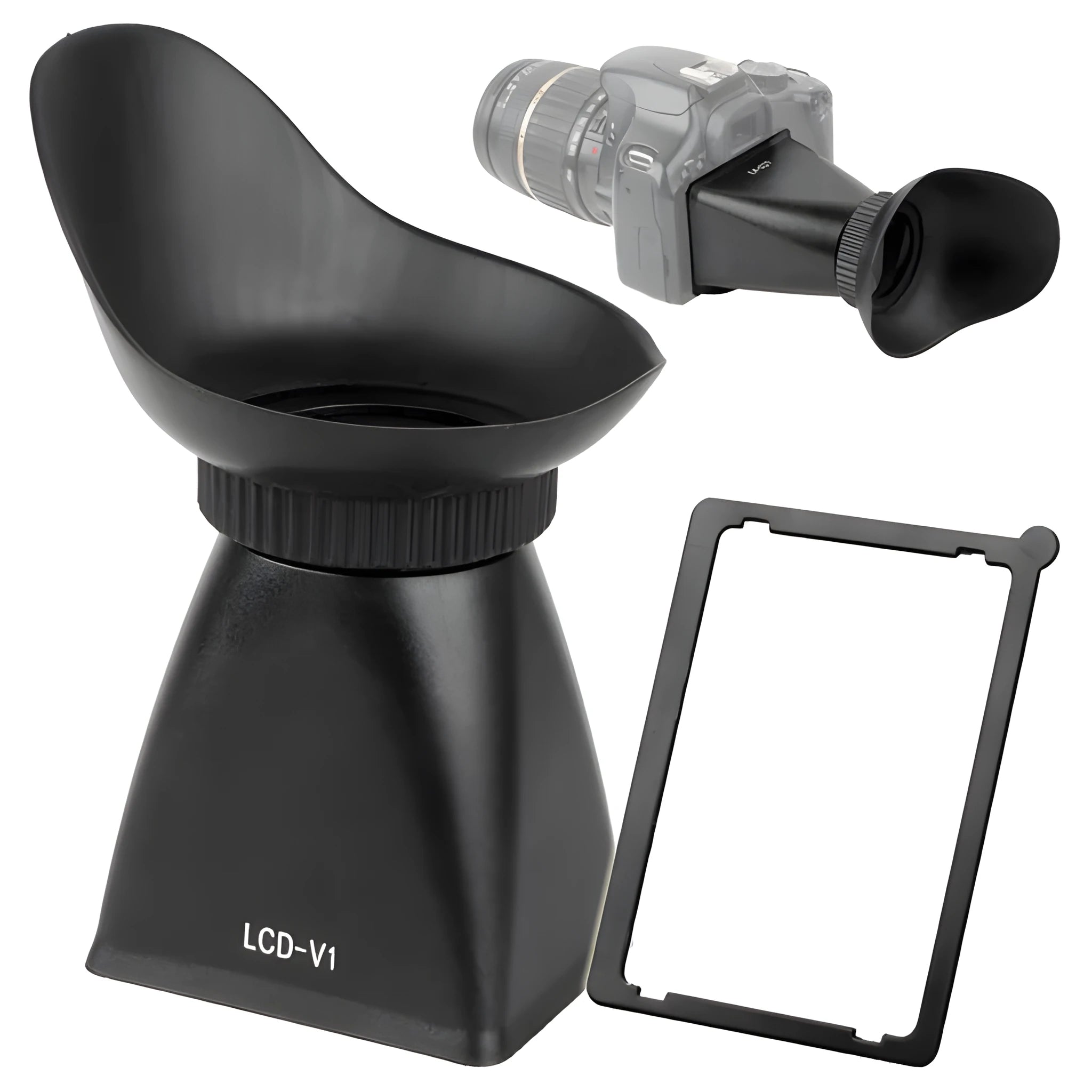 Black camera framing amplifier viewfinder attached to DSLR camera showing LCD screen magnification