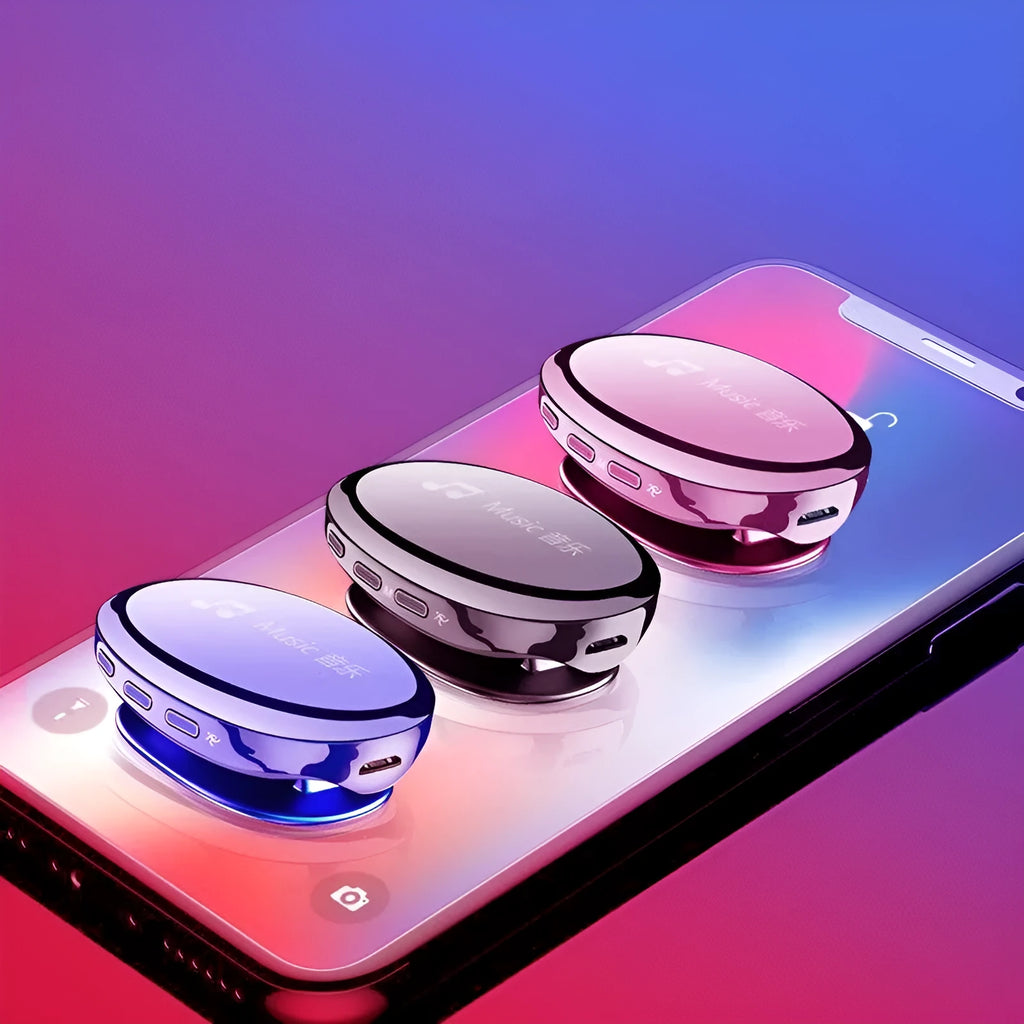 Blue Bluetooth MP4 music player with OLED screen showing track info, next to black and rose gold variants.