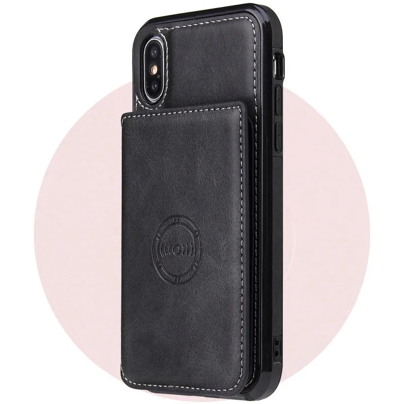 Solid colour imitation leather card wallet phone case for iPhone shown in multiple colour options.