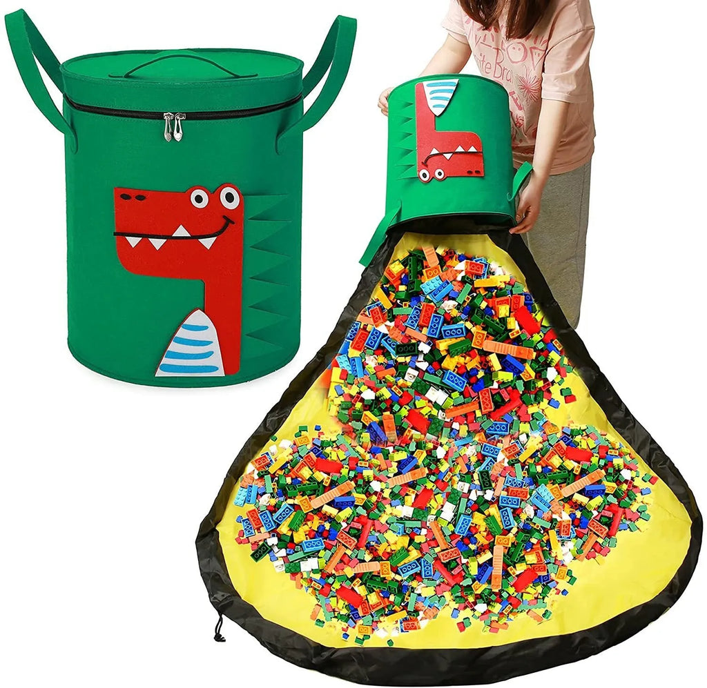 Green felt cube storage bag with pull rope that converts into a flat play mat for toys.