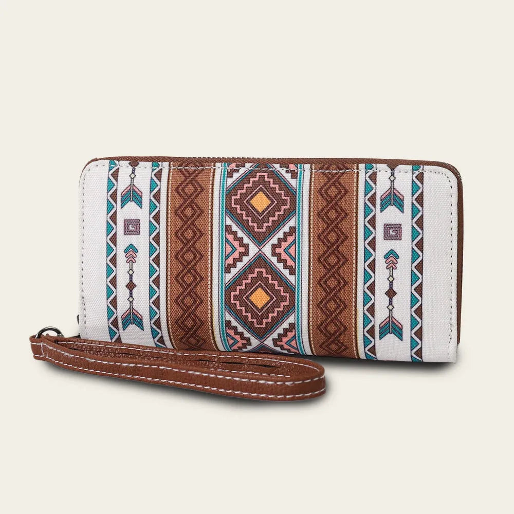 Bohemian striped pattern canvas RFID wallet showing interior and exterior dimensions of 20x10x2cm