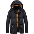 Men's black hooded winter jacket with a double-breasted front and velvet lining.