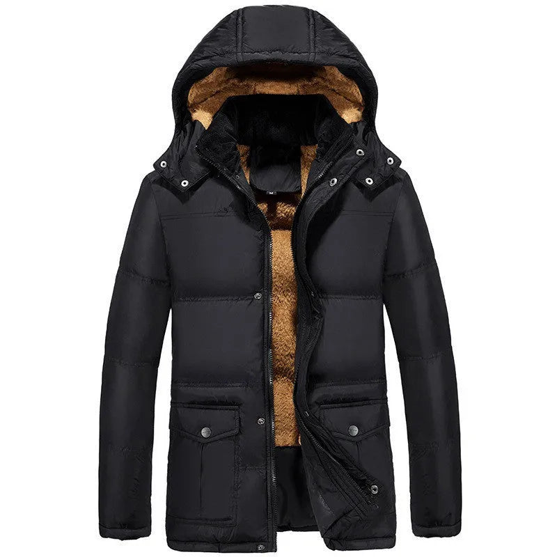 Men's black hooded winter jacket with a double-breasted front and velvet lining.