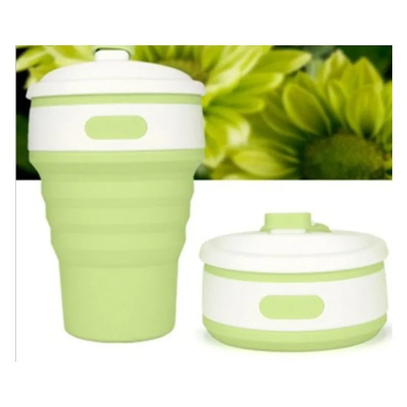 Collapsible silicone travel mug showing folded and expanded states with leak-proof cover