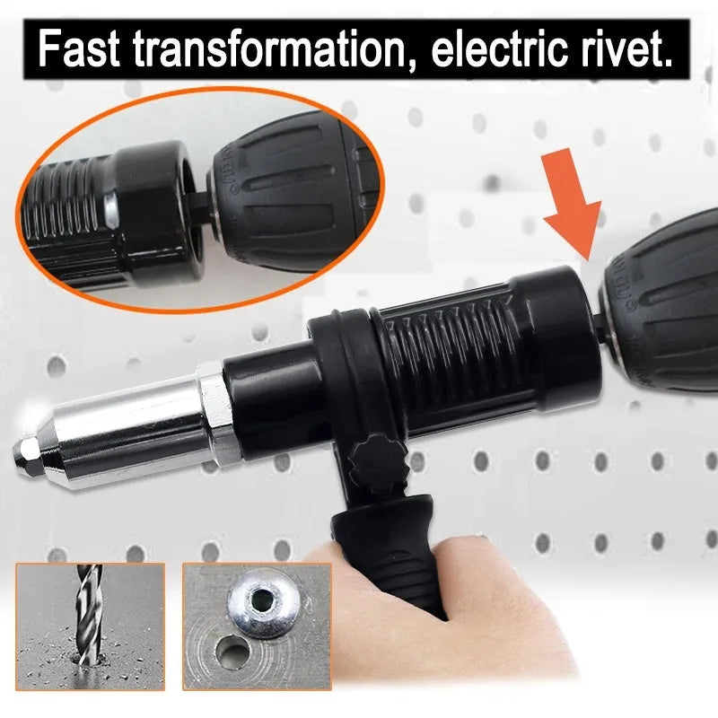 Black metal electric drill rivet gun with alloy steel head, 173mm long, for aluminium and automotive riveting