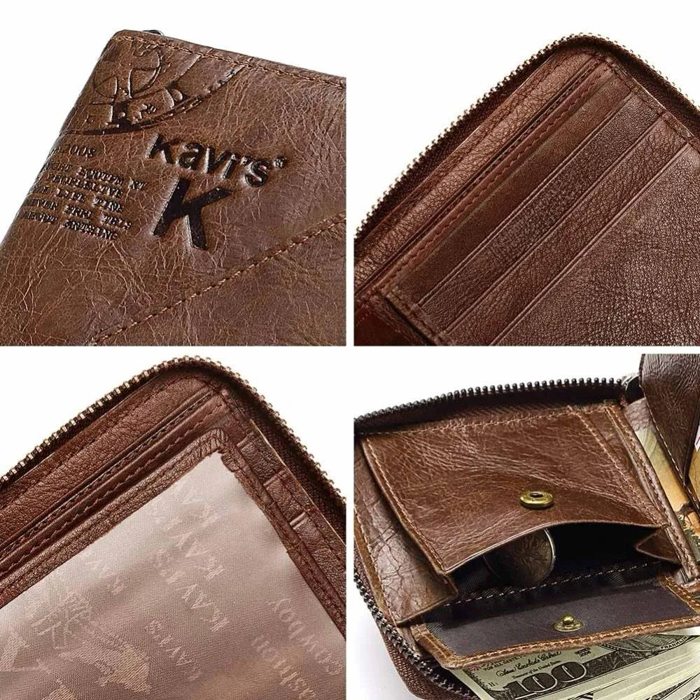 Men's coffee coloured genuine leather wallet with vintage locomotives pattern and multiple compartments