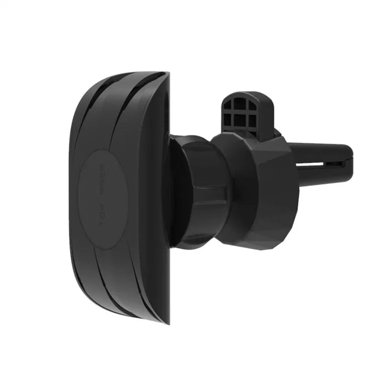 Black car phone holder mounted on car air vent with phone in adjustable clamp