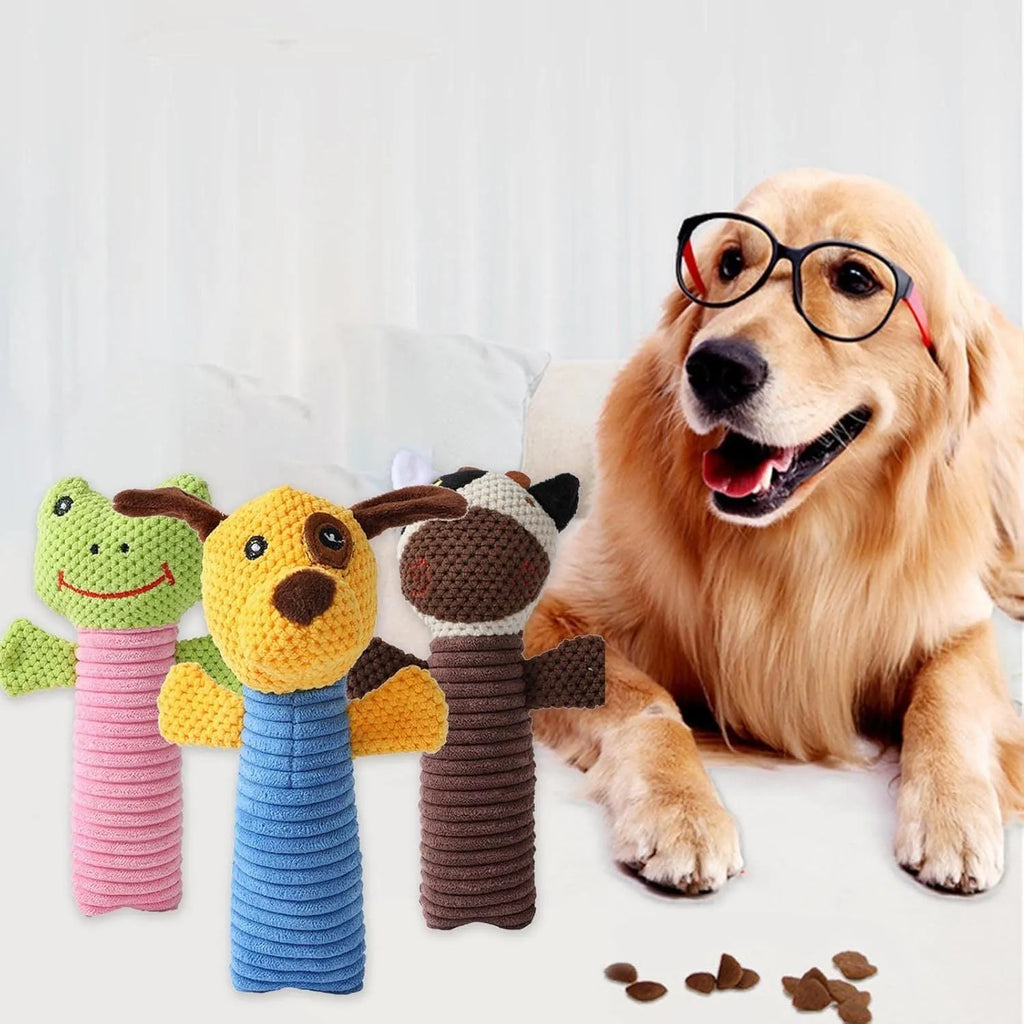 Squeaky stuffed animal dog chew toy for dental care, shown in calf, frog, or puppy design.