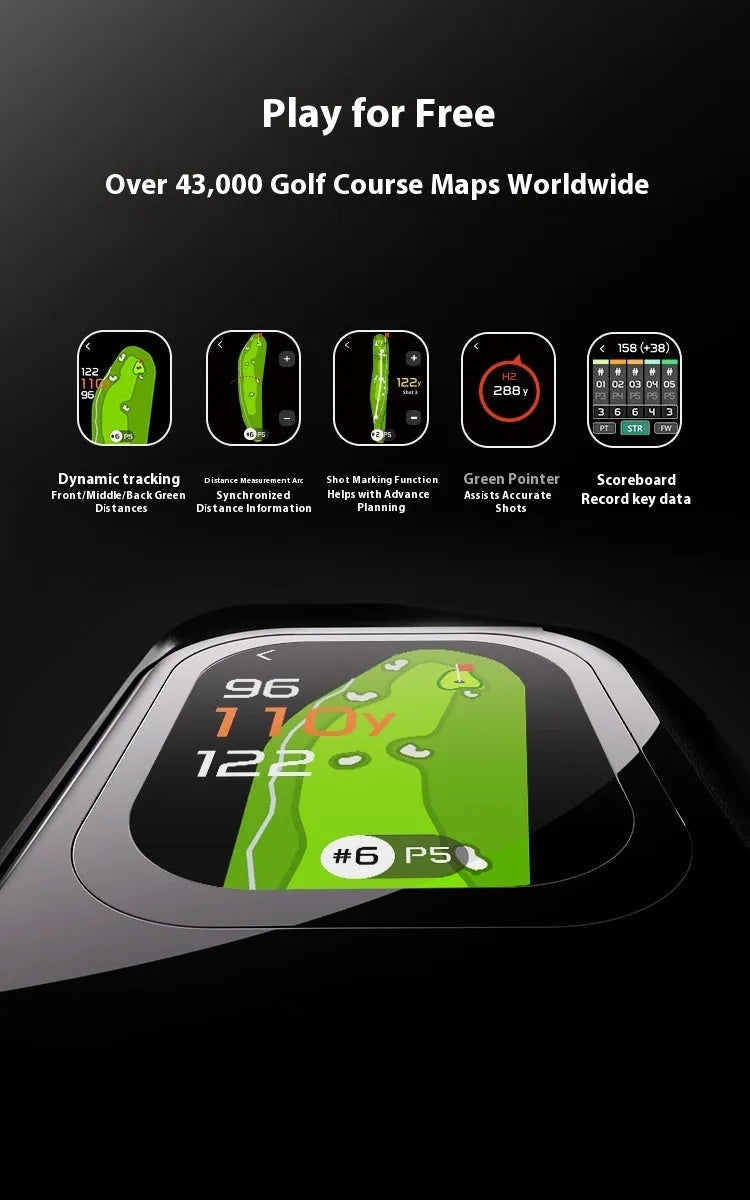 GenePro G1 black GPS golf rangefinder with AMOLED touchscreen displayed with its USB-C cable and storage box.