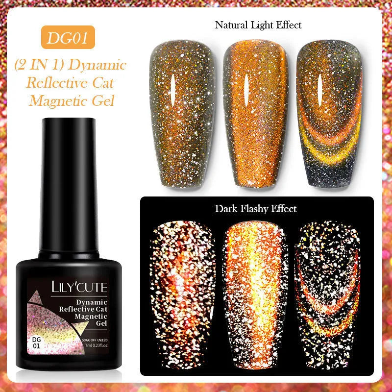 Cat eye series nail polish gel bottle showing diamond glitter fragments in one of six available colour options