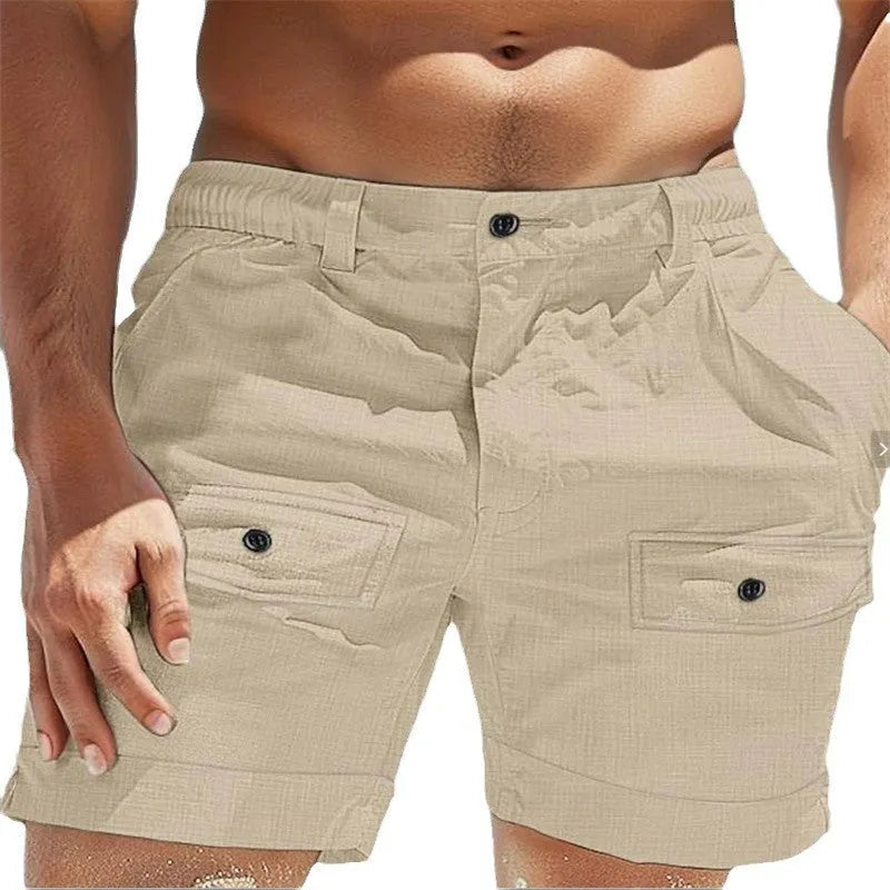 Men's khaki linen shorts with elastic waistband and button pockets laid flat.