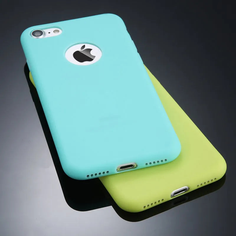 Soft silicon TPU phone back cover for iPhone in candy colours: black, blue, green, navy, pink, red.