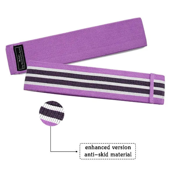 Three fabric resistance bands in lake blue, pink and purple colours with mesh storage bag