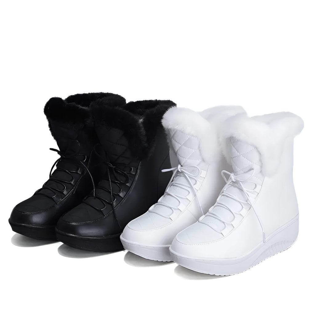 Women's black and white winter boots with 3cm platform, plush lining, and lace-up closure
