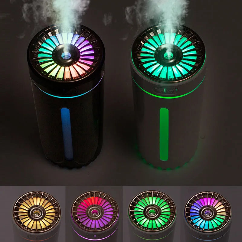 Black wireless air humidifier with colourful LED lights on a car cup holder