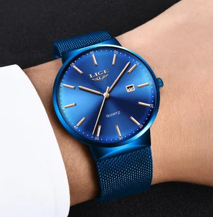 Men's stainless steel wristwatch with 40mm case shown in black, blue, and black/blue colour variations
