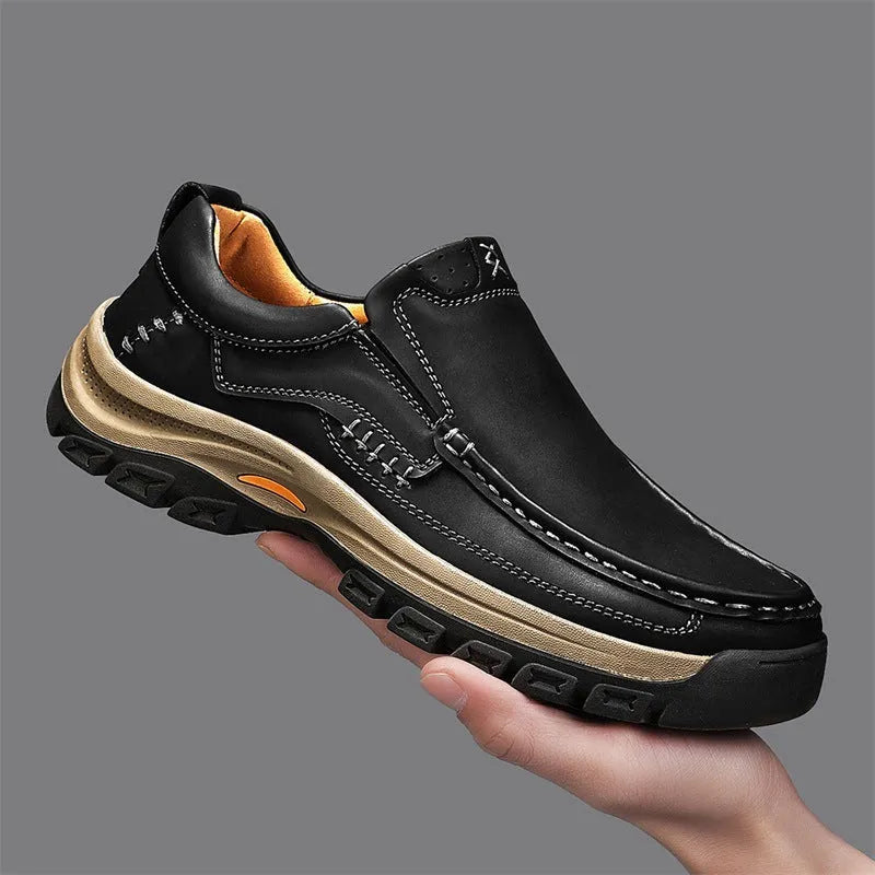 Men's black thick-soled outdoor leather shoes with round toe and rubber non-slip soles