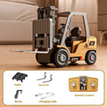 A detailed grey alloy remote control forklift toy with a black cargo hook and pallet on a white background.