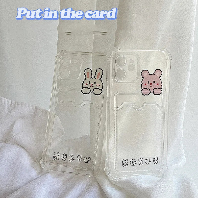 Transparent TPU phone case with cartoon paint design and card holder slot fitted on Apple iPhone