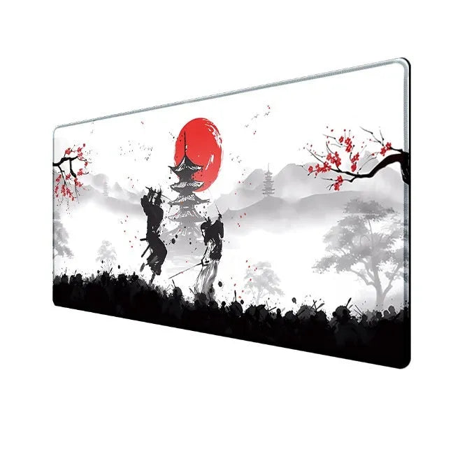 Japanese samurai design cloth gaming mouse pad on a desk, showing non-slip base and custom artwork.