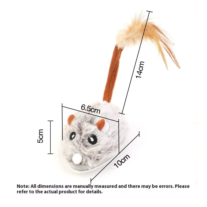 Electric cat toy with rotating plush mouse on telescopic pole showing pink, purple and dark grey colour options