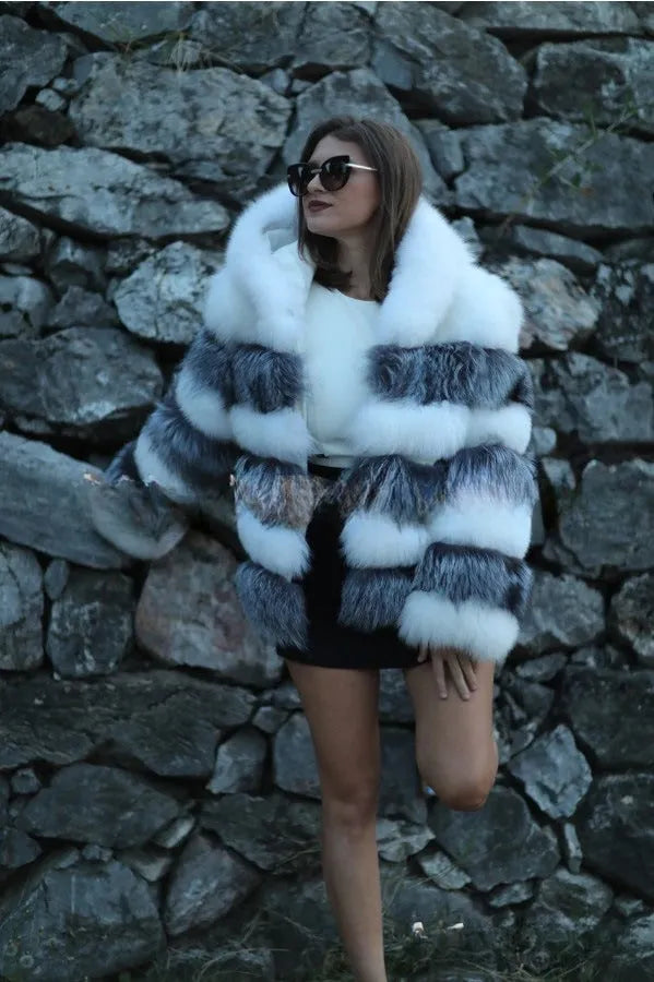 Women's artificial fur hooded coat in street fashion style showing brown and white silver fox colour options
