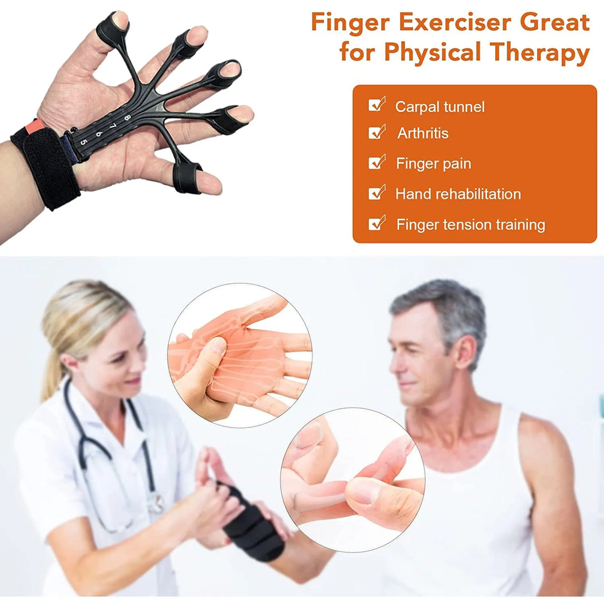 Silicone finger flexion and extension rehabilitation trainer with adjusting belt in black or grey.