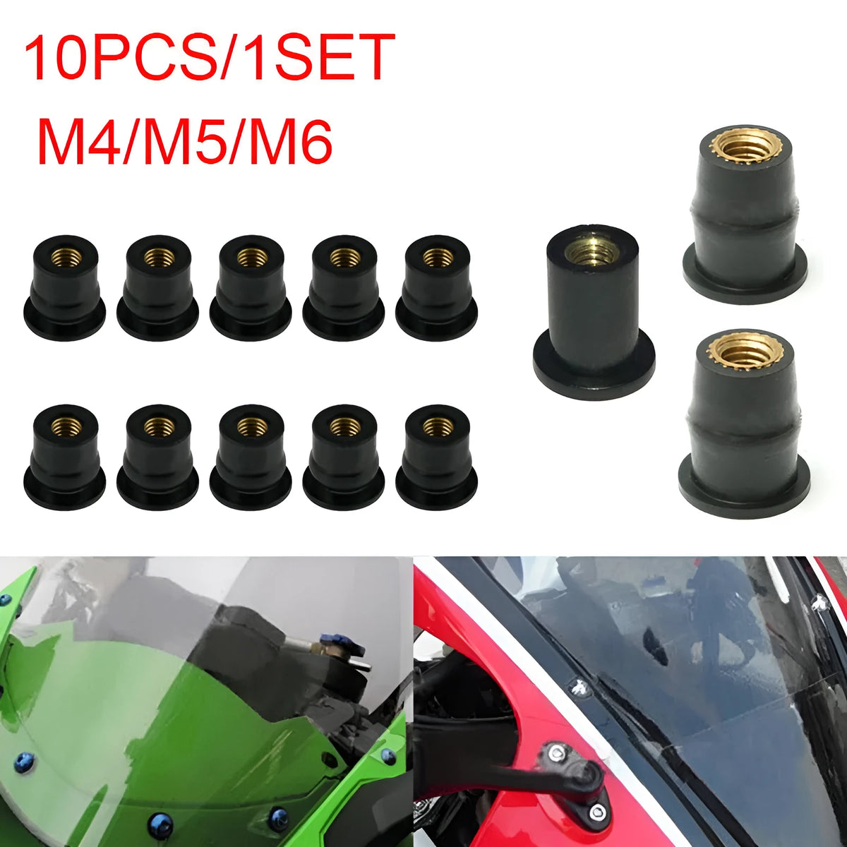 Black rubber expansion nut fasteners with brass inserts for motorcycle modifications in M4, M5, M6 sizes