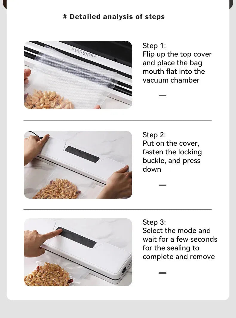 White automatic vacuum sealer machine for household food preservation with compact design