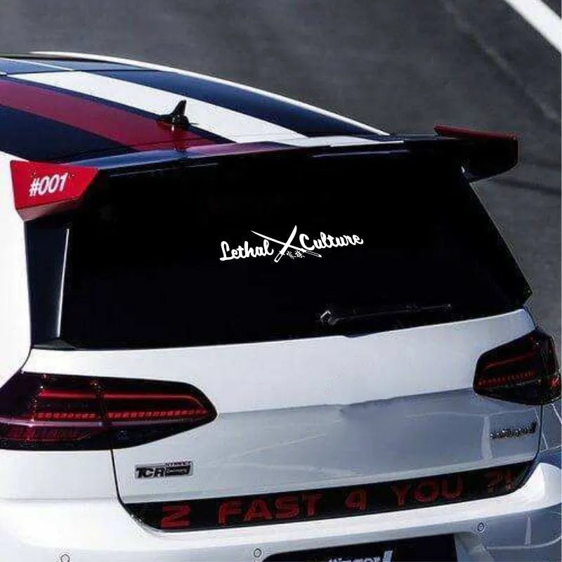 Car rear windshield family sticker vinyl decal showing text on vehicle glass in yellow or silvery white