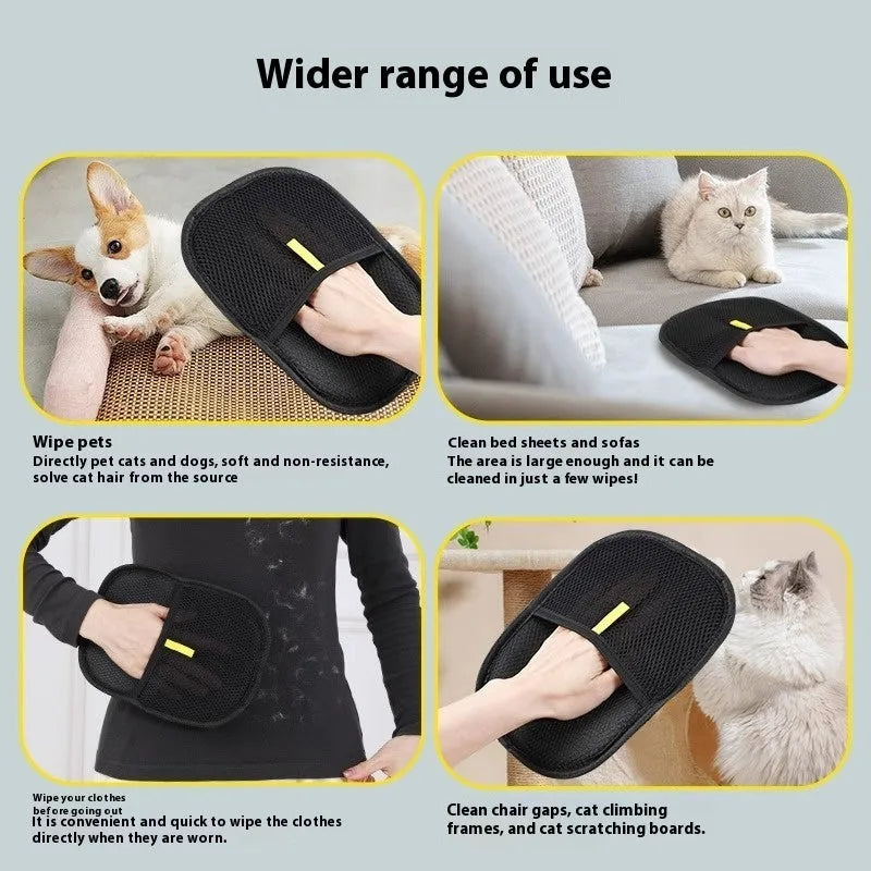 Black pet hair remover mitt with dual-sided silicone bristles for dog and cat grooming