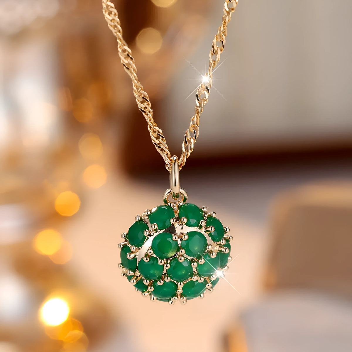 Round green jade pendant with diamond setting on champagne gold chain necklace
