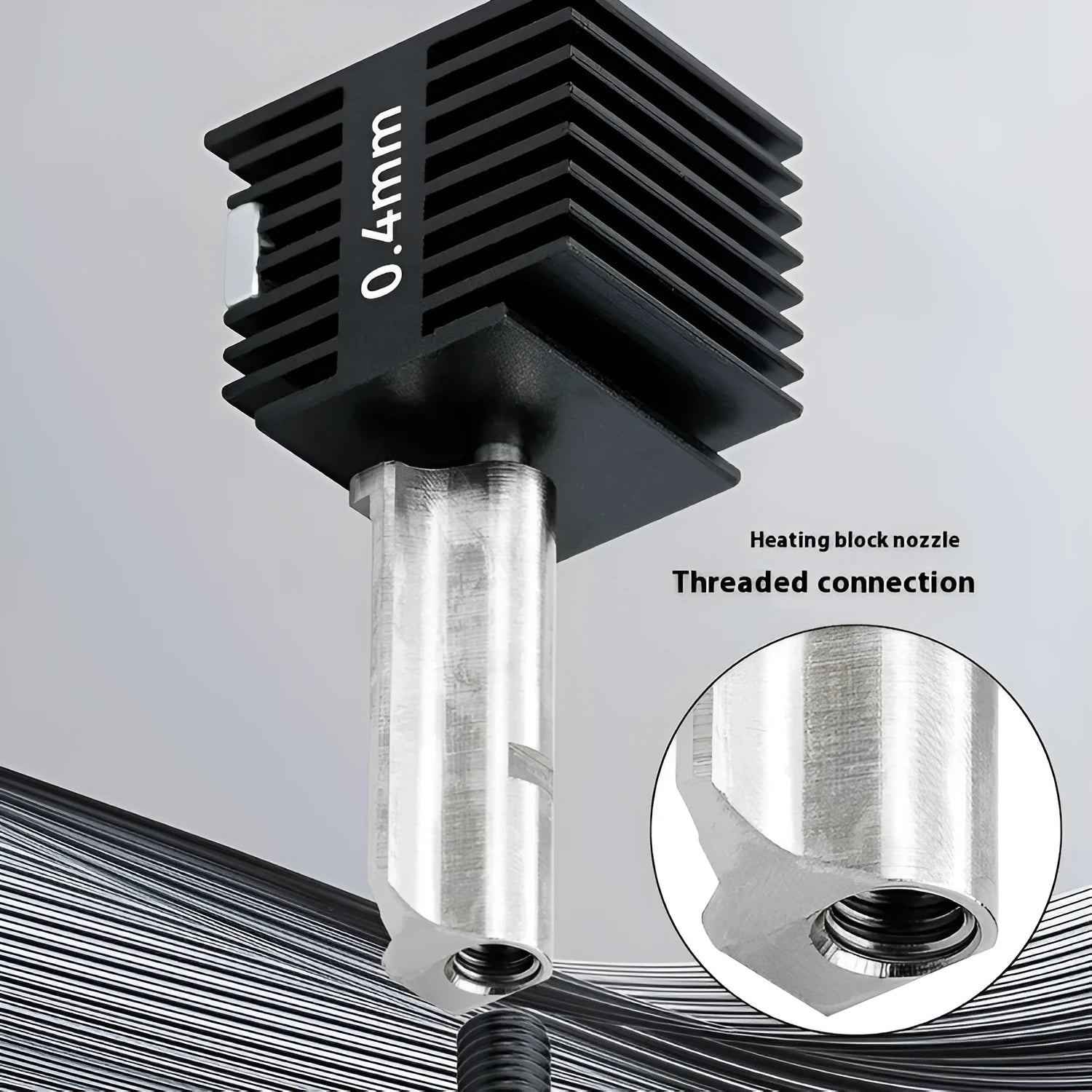A1A1 Mini 3D printer hot end nozzle assembly with hardened steel nozzle and black silicone sleeve
