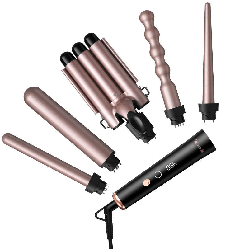 Rose gold five-in-one tube replacement hair curler with LCD screen and negative ion technology