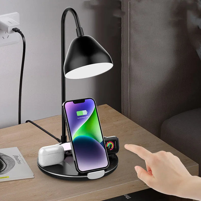 Folding magnetic wireless charger in black or white showing unfolded charging position
