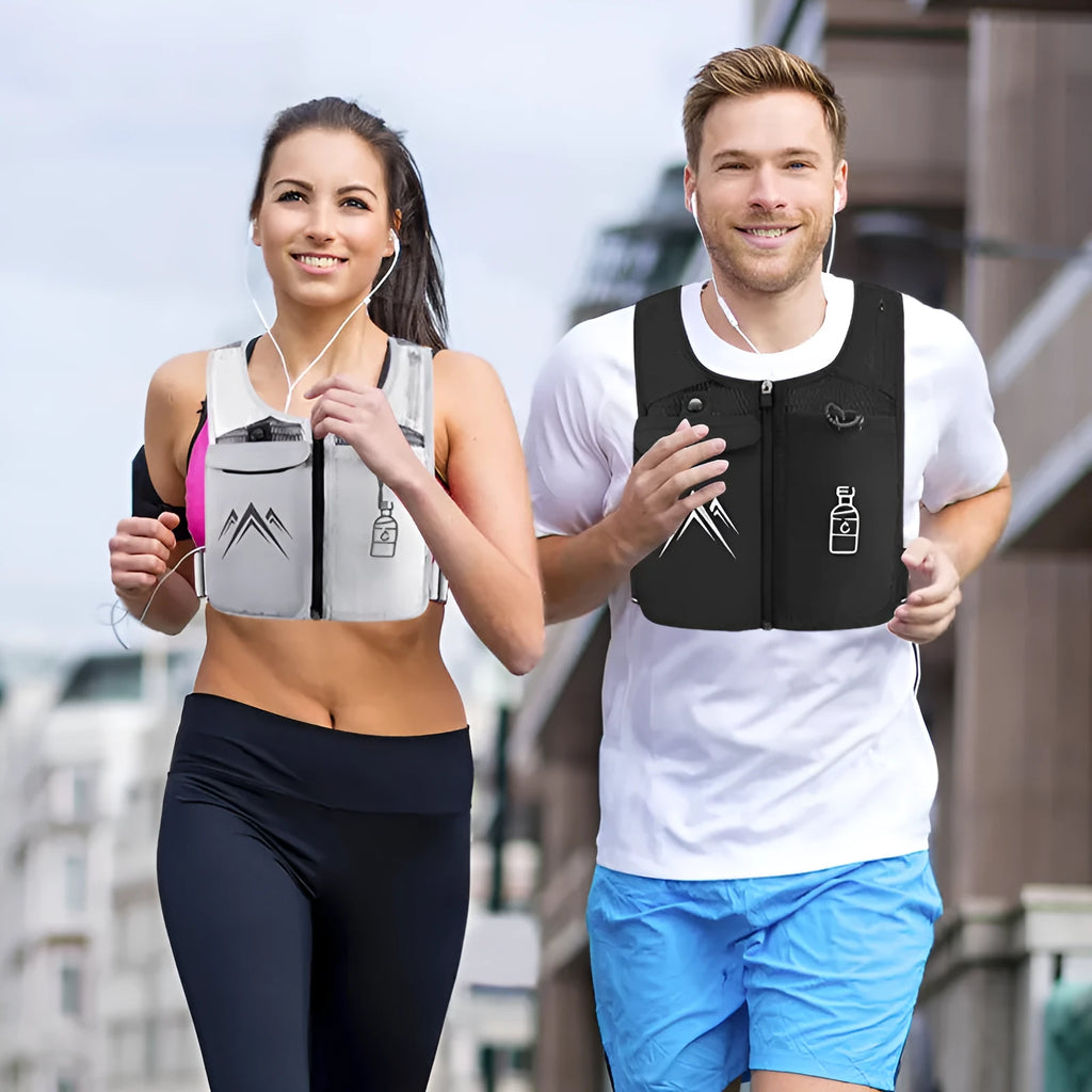 Breathable mesh sports running vest with integrated mobile phone storage pocket